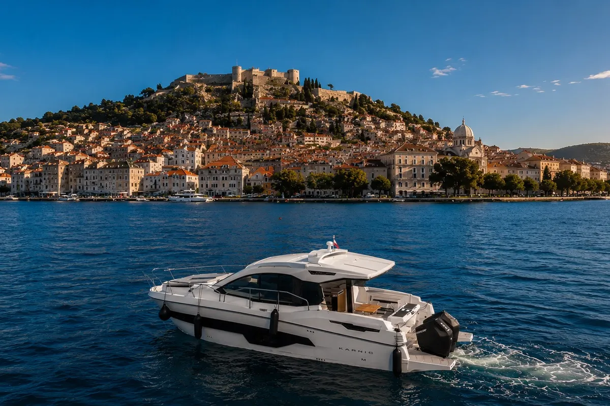 Elysian, a Karnic S37x motorboat at Grad Šibenik, Croatia