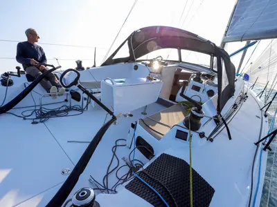Cockpit of La Galiote 2, a JPK 39 FC sailboat at La Rochelle, France