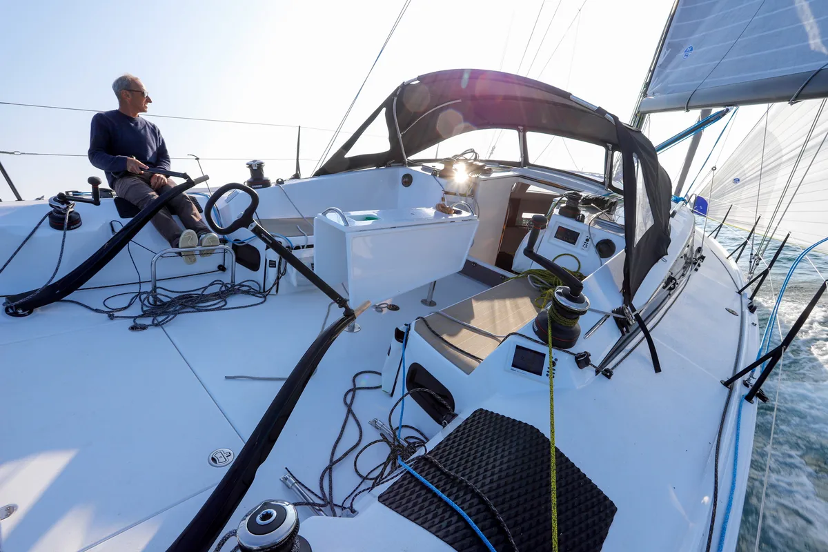 Cockpit of La Galiote 2, a JPK 39 FC sailboat at La Rochelle, France