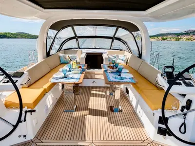 Cockpit of FRIENDS, a Jeanneau 60 sailboat at Grad Šibenik, Croatia