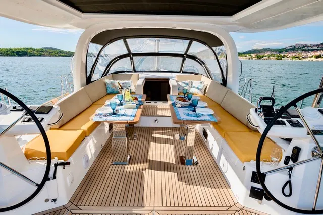 Cockpit of FRIENDS, a Jeanneau 60 sailboat at Grad Šibenik, Croatia