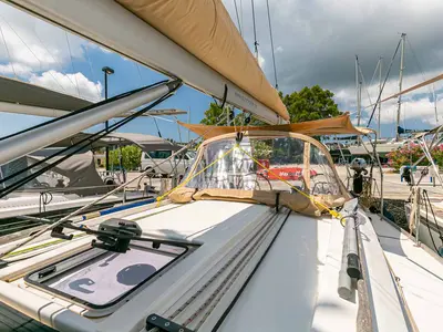 Deck of Wave, a Dufour 350 GL sailboat at Kontokali, Greece