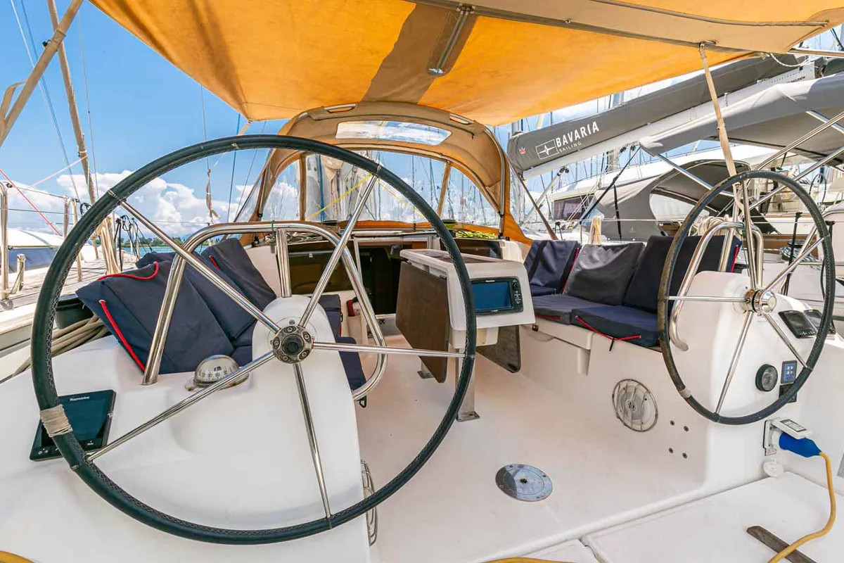 Cockpit of Wave, a Dufour 350 GL sailboat at Kontokali, Greece
