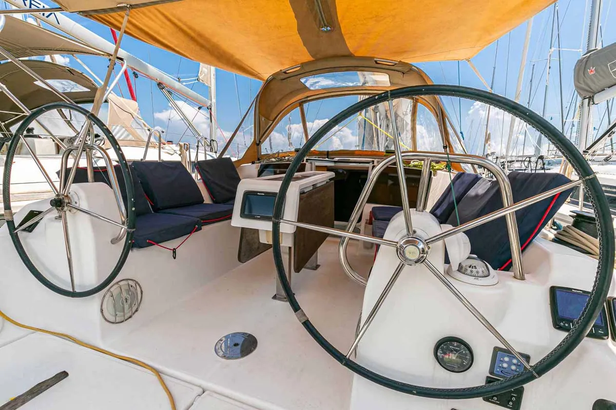 Cockpit of Wave, a Dufour 350 GL sailboat at Kontokali, Greece
