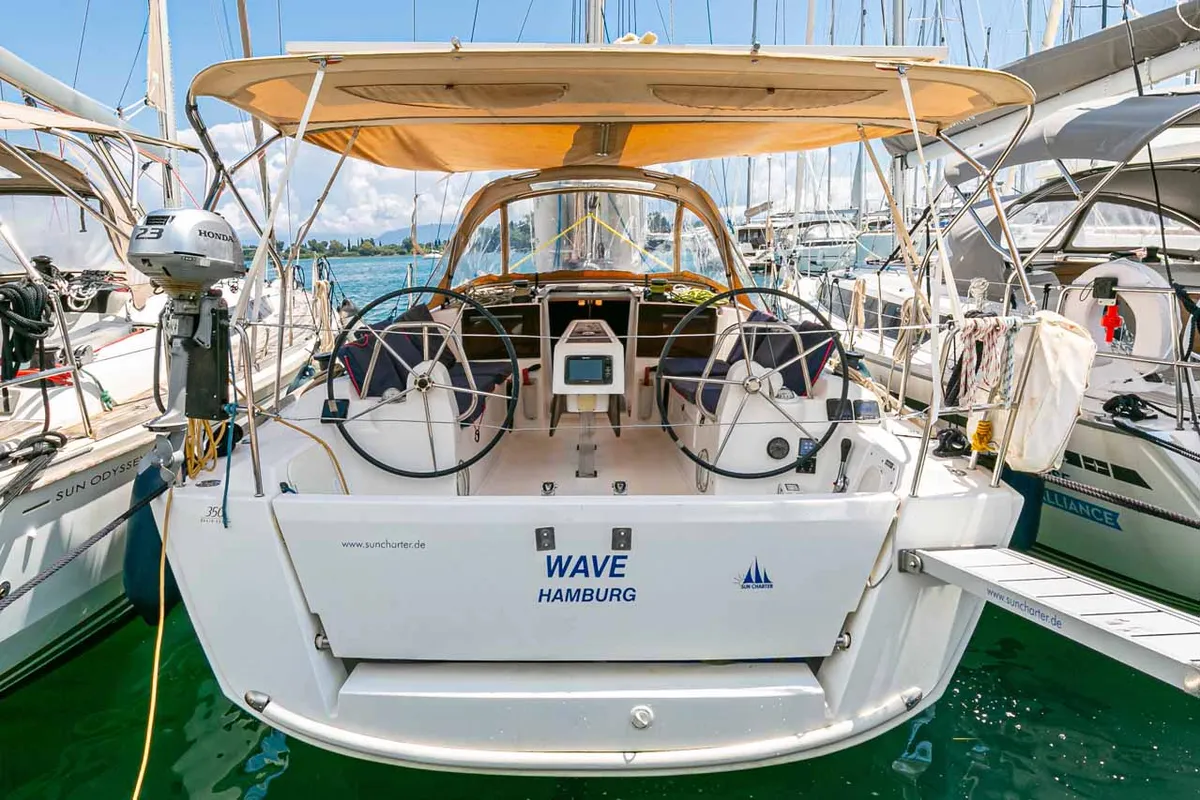 Exterior view of Wave, a Dufour 350 GL sailboat at Kontokali, Greece