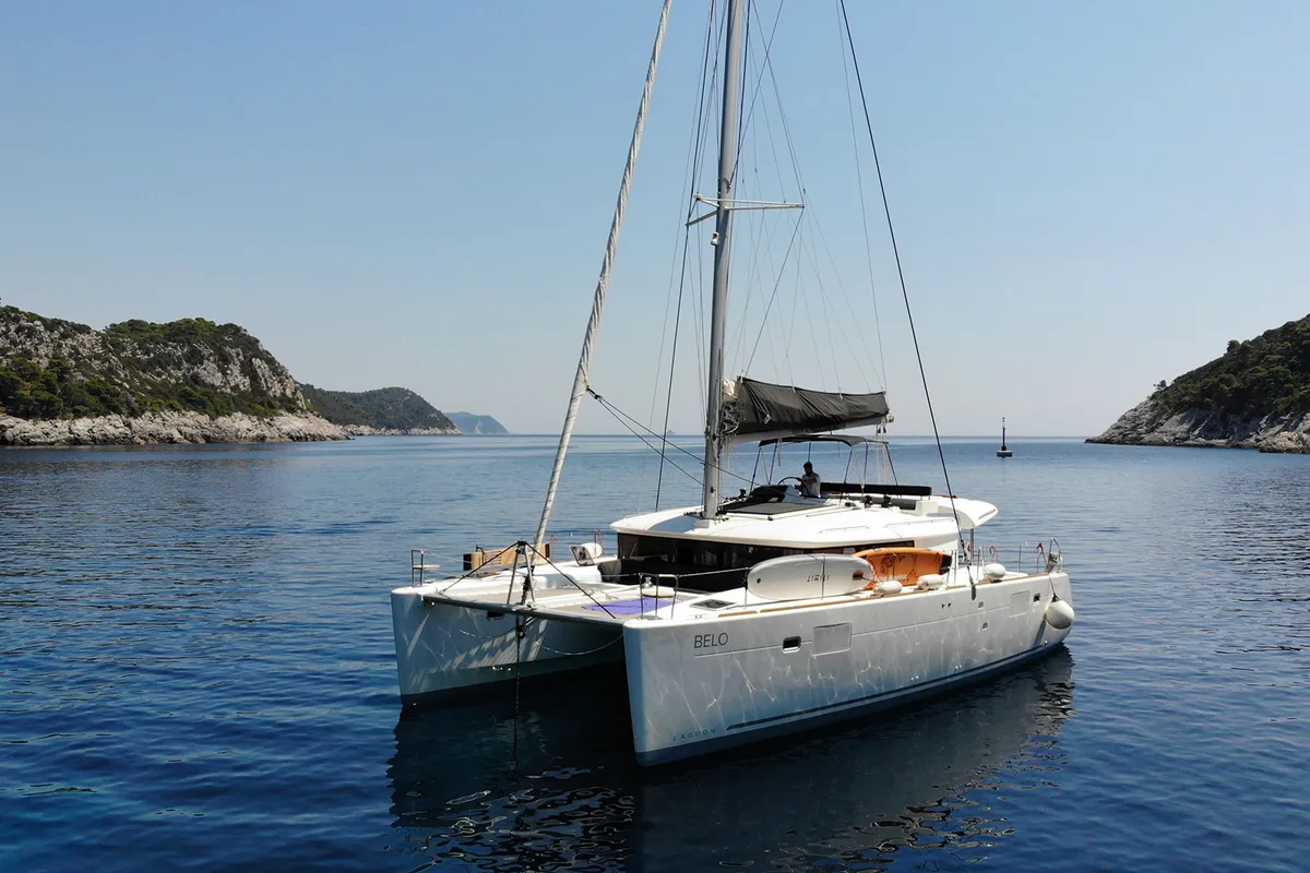 Exterior view of Belo, a Lagoon 450 F catamaran at Grad Kaštela, Croatia
