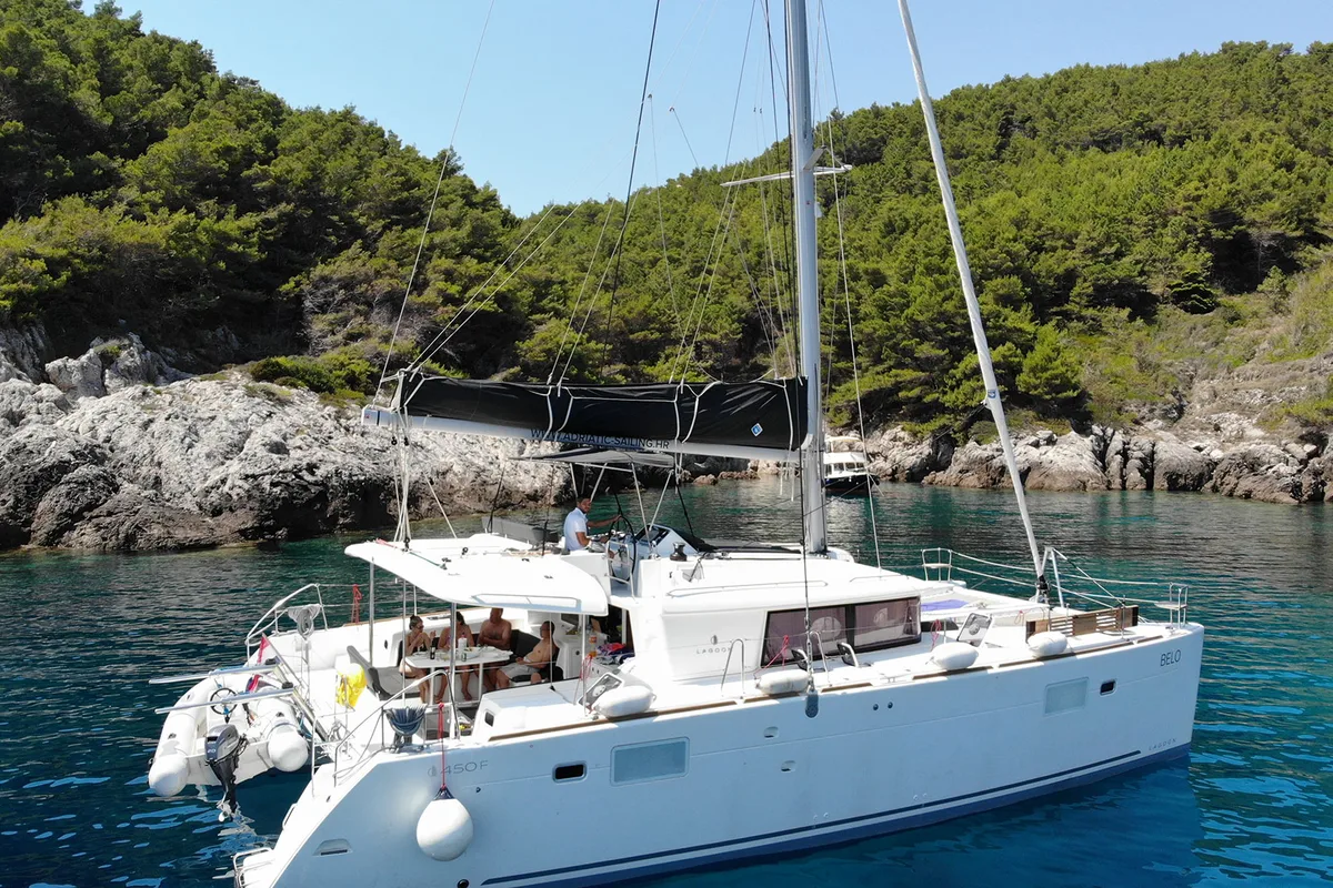 Exterior view of Belo, a Lagoon 450 F catamaran at Grad Kaštela, Croatia