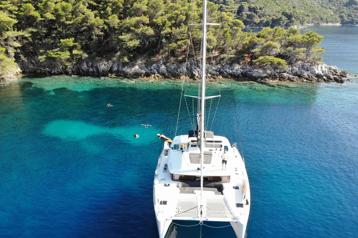 Exterior view of Belo, a Lagoon 450 F catamaran at Grad Kaštela, Croatia