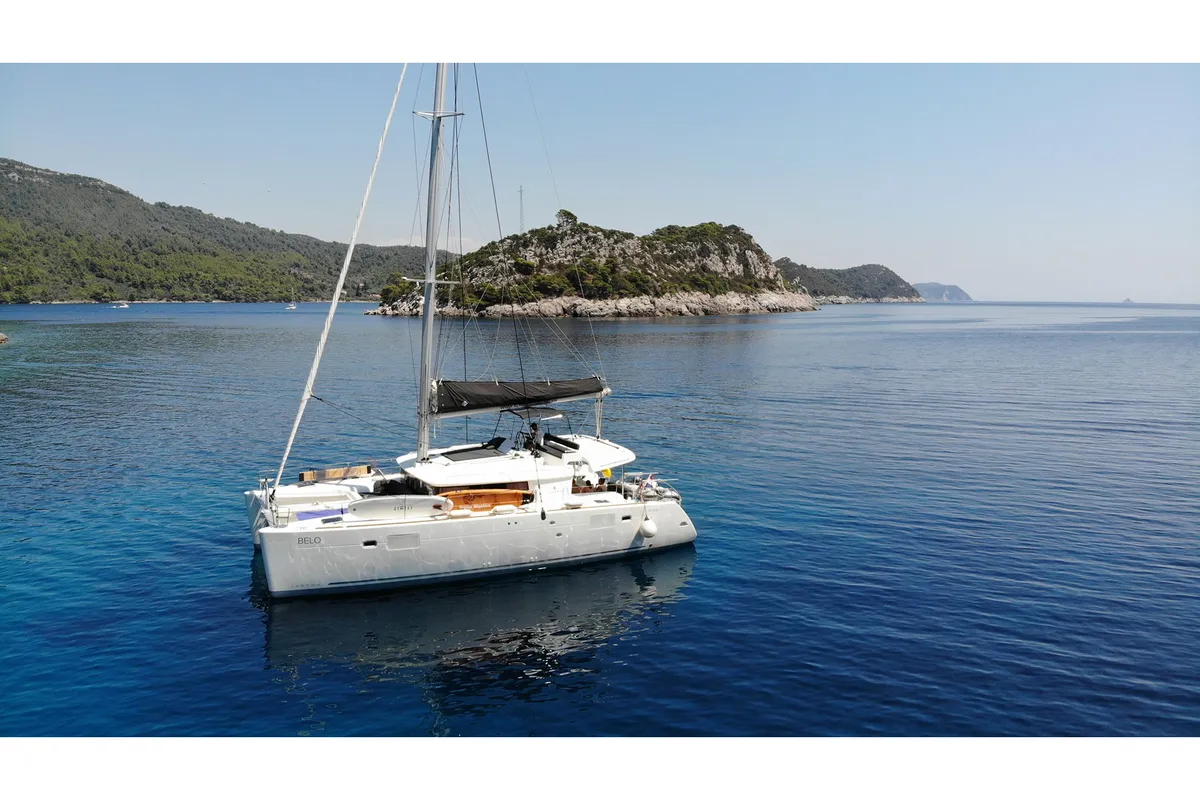 Exterior view of Belo, a Lagoon 450 F catamaran at Grad Kaštela, Croatia
