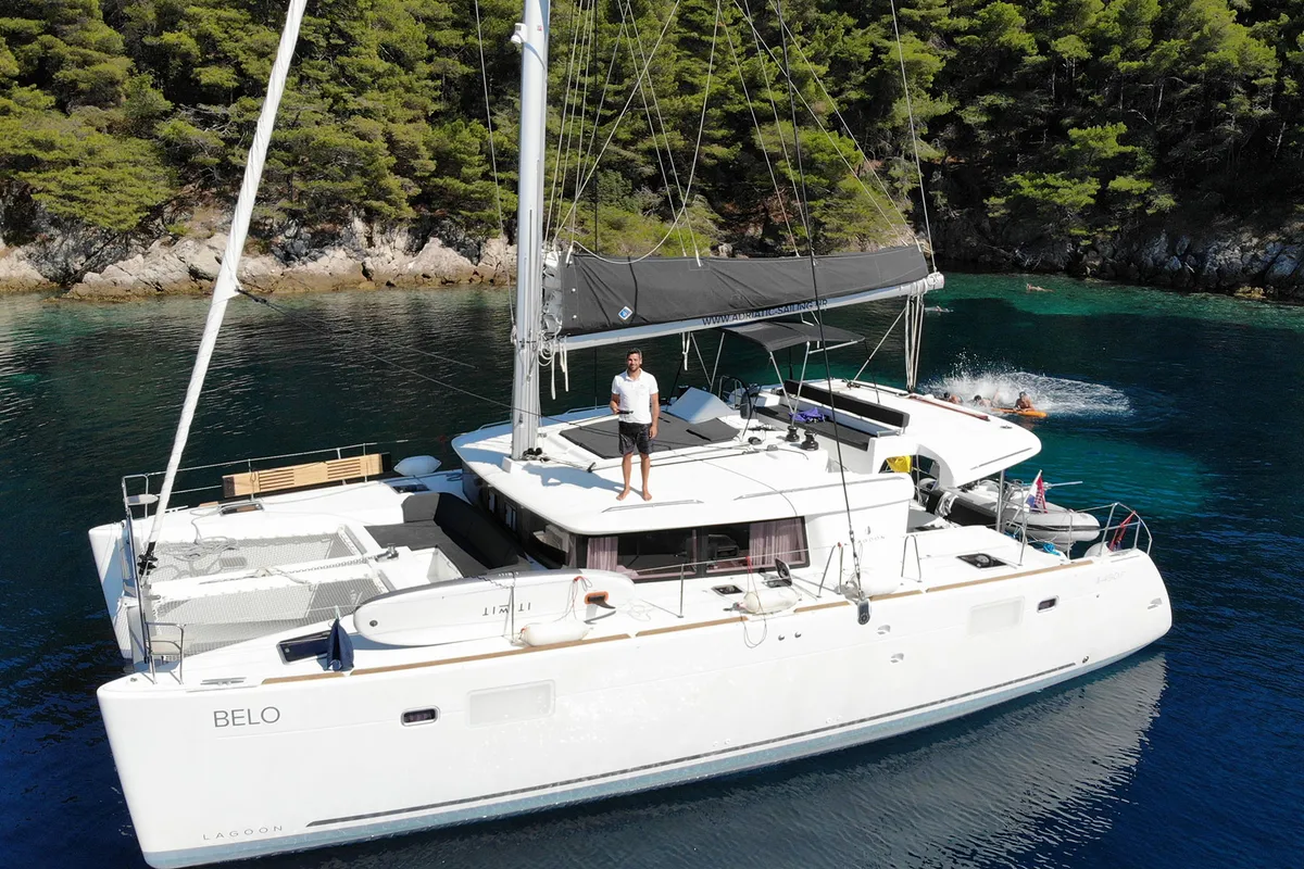 Exterior view of Belo, a Lagoon 450 F catamaran at Grad Kaštela, Croatia