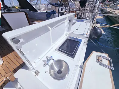 Deck of Dunya, a Dufour 41 sailboat at Općina Rogoznica, Croatia