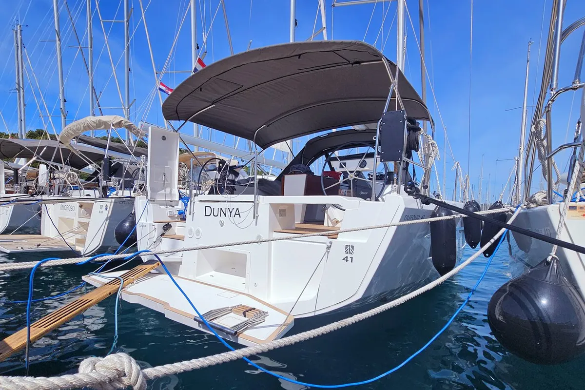 Exterior view of Dunya, a Dufour 41 sailboat at Općina Rogoznica, Croatia