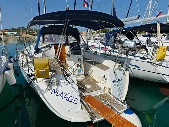 Exterior view of Marge, a Bavaria 38 Cruiser sailboat at Betina, Croatia