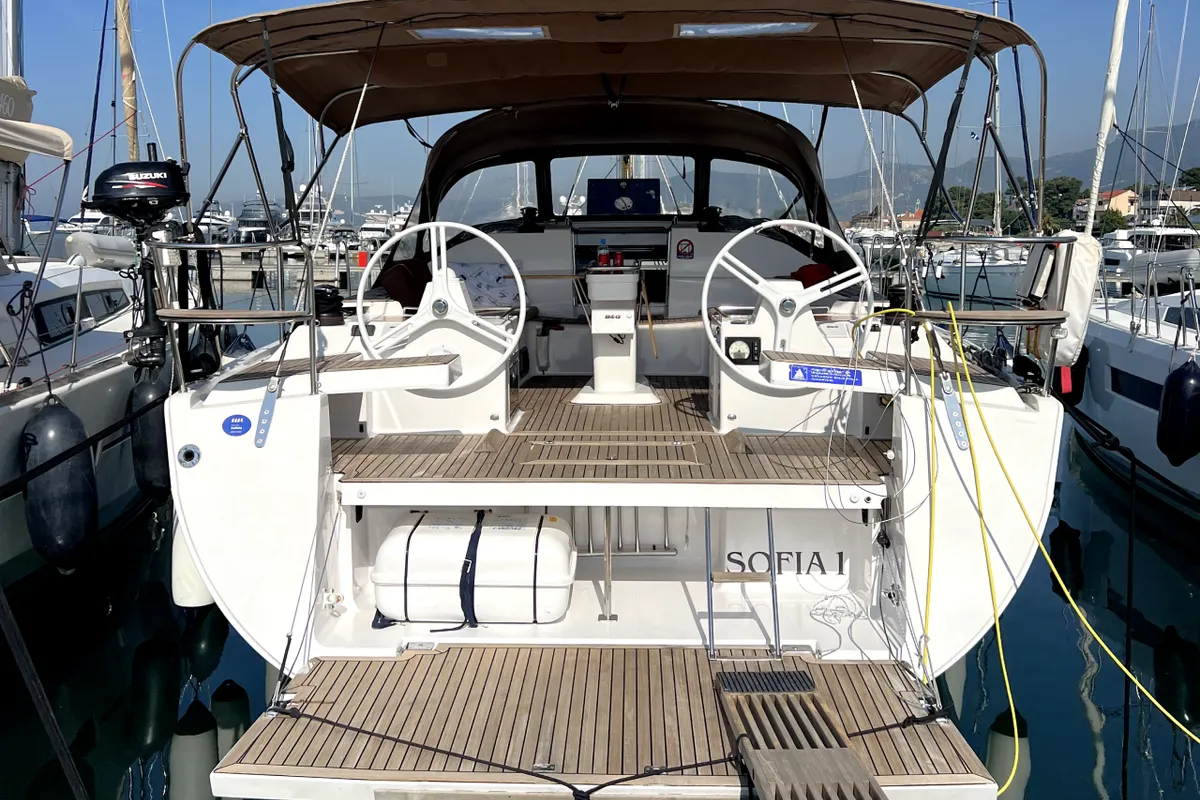 Cockpit of Sofia I, a Elan Impression 50 sailboat at Grad Kaštela, Croatia