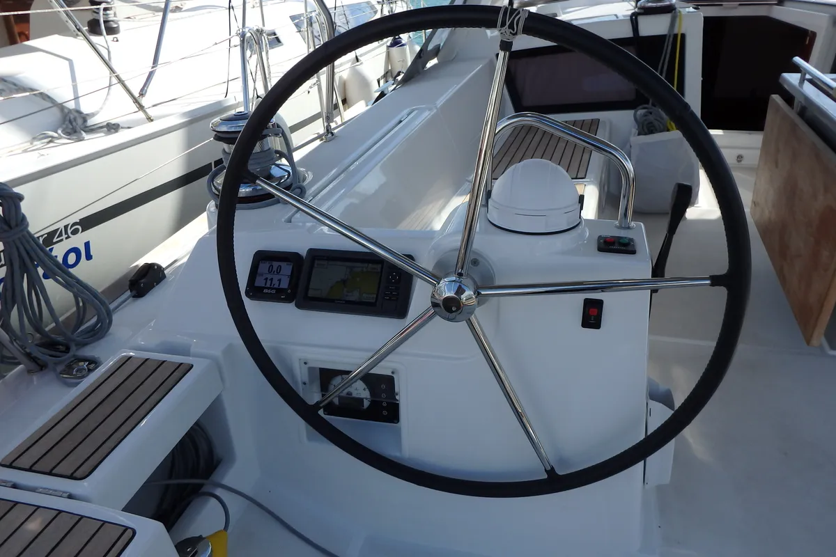Cockpit of Joy, a Beneteau Oceanis 48 sailboat at Municipal Unit of Lefkada, Greece