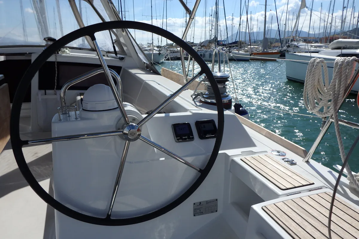 Cockpit of Joy, a Beneteau Oceanis 48 sailboat at Municipal Unit of Lefkada, Greece