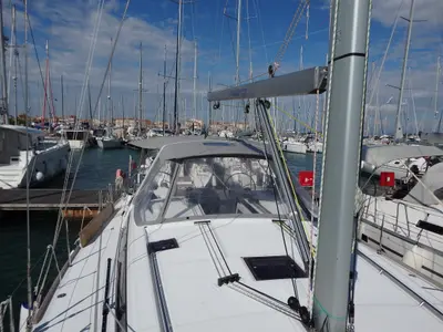 Deck of Joy, a Beneteau Oceanis 48 sailboat at Municipal Unit of Lefkada, Greece