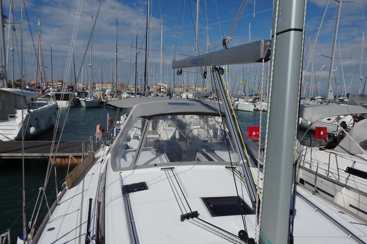Deck of Joy, a Beneteau Oceanis 48 sailboat at Municipal Unit of Lefkada, Greece