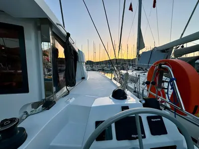 Cockpit of Sail Dorado, a Bali Catsmart catamaran at Fethiye, Turkey