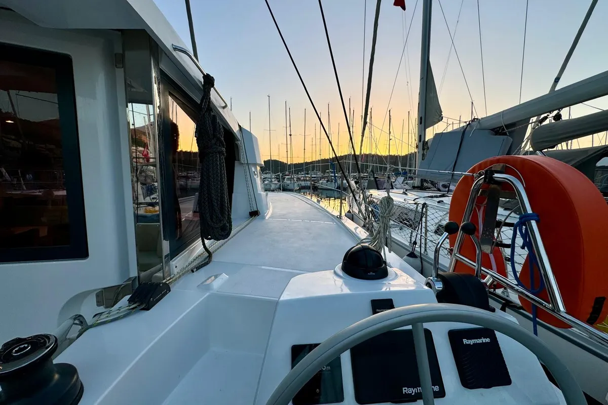 Cockpit of Sail Dorado, a Bali Catsmart catamaran at Fethiye, Turkey