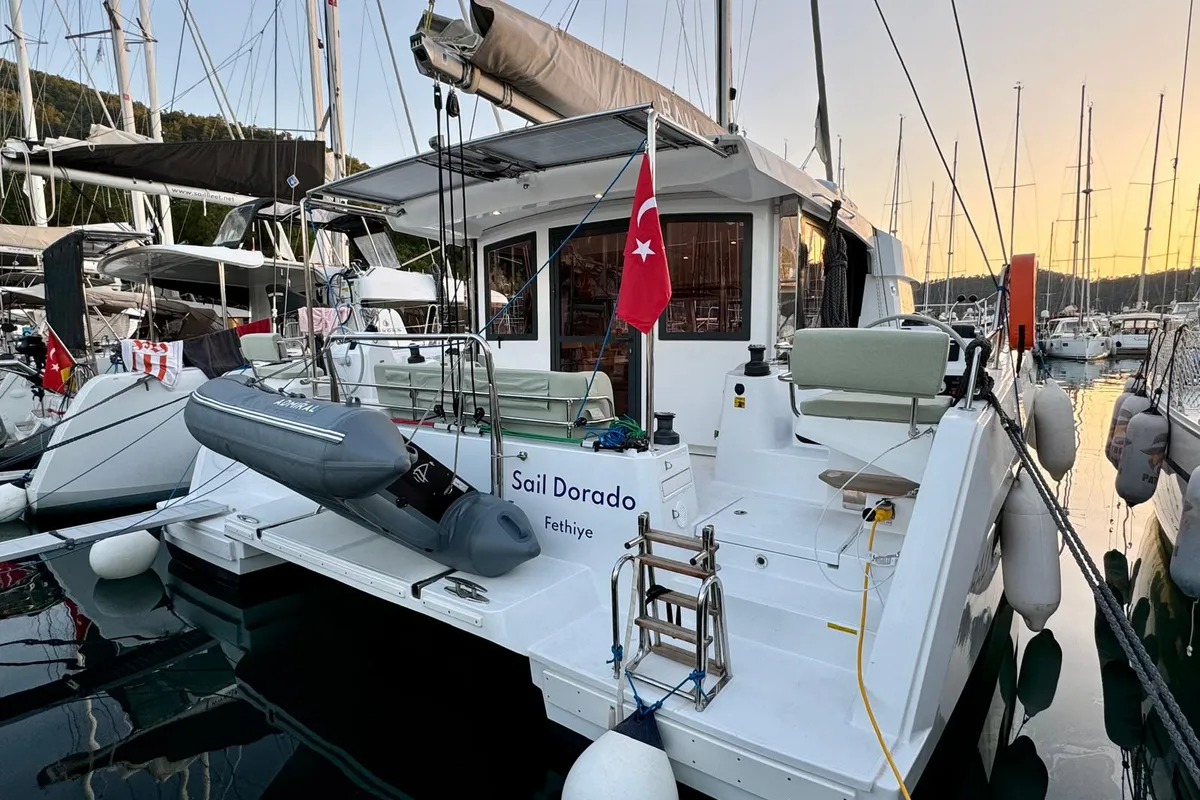 Exterior view of Sail Dorado, a Bali Catsmart catamaran at Fethiye, Turkey