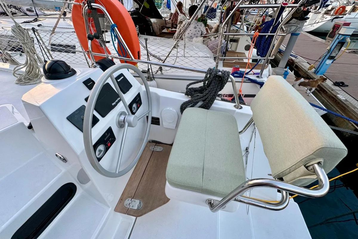 Cockpit of Sail Dorado, a Bali Catsmart catamaran at Fethiye, Turkey