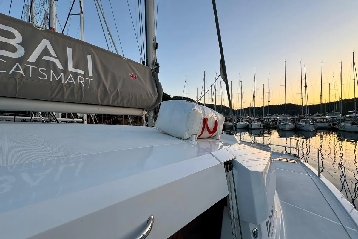 Exterior view of Sail Dorado, a Bali Catsmart catamaran at Fethiye, Turkey