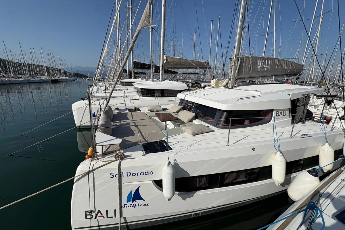 Salon of Sail Dorado, a Bali Catsmart catamaran at Fethiye, Turkey