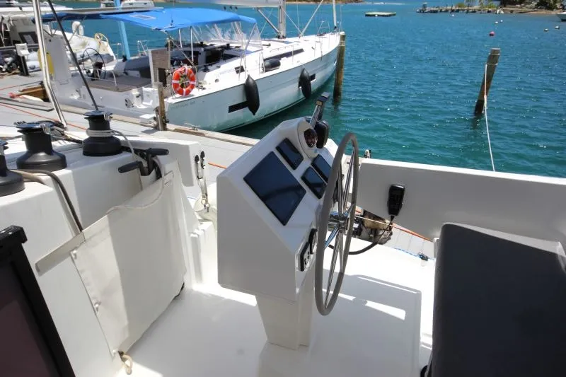 Cockpit of Maho, a Fountaine Pajot Astréa 42 catamaran at Road Town, British Virgin Islands