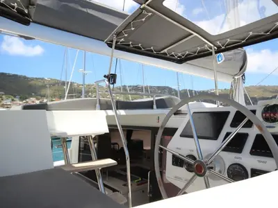 Cockpit of Maho, a Fountaine Pajot Astréa 42 catamaran at Road Town, British Virgin Islands