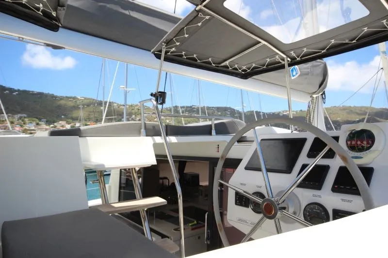 Cockpit of Maho, a Fountaine Pajot Astréa 42 catamaran at Road Town, British Virgin Islands