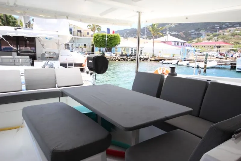 Deck of Maho, a Fountaine Pajot Astréa 42 catamaran at Road Town, British Virgin Islands