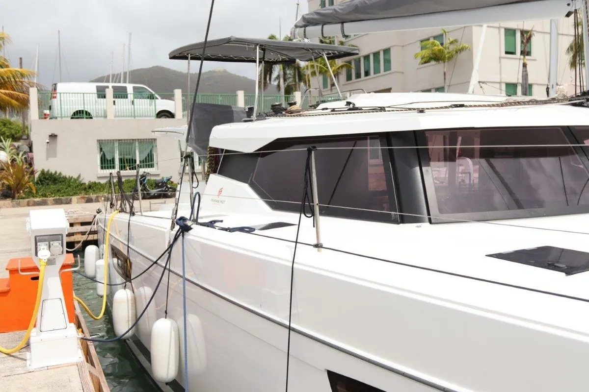 Exterior view of Penny Lane, a Fountaine Pajot Astrea 42 catamaran at Road Town, British Virgin Islands