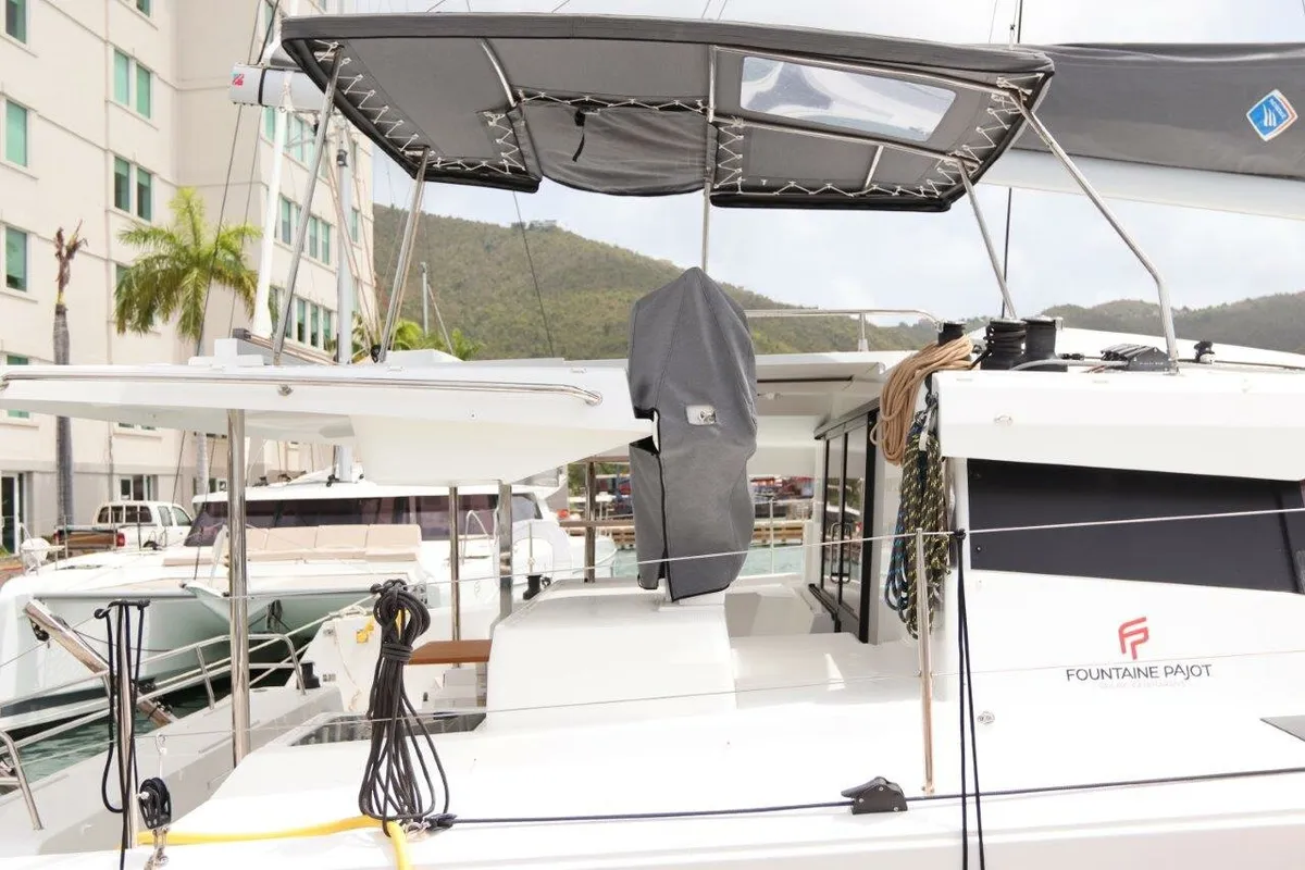 Exterior view of Penny Lane, a Fountaine Pajot Astrea 42 catamaran at Road Town, British Virgin Islands