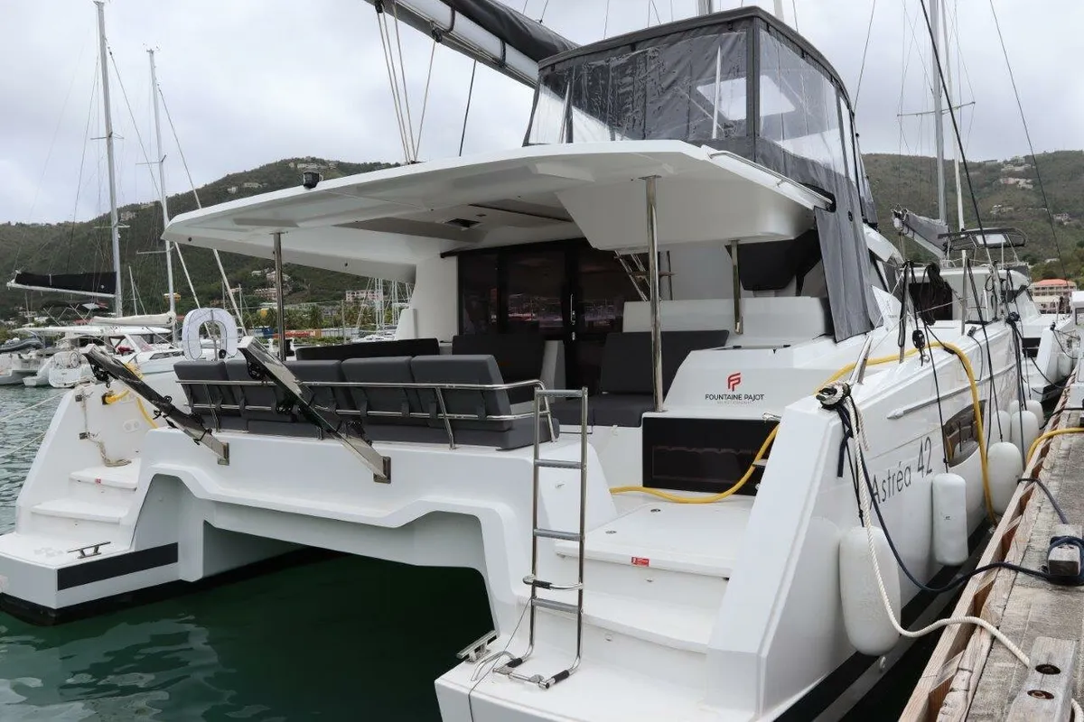 Exterior view of Penny Lane, a Fountaine Pajot Astrea 42 catamaran at Road Town, British Virgin Islands