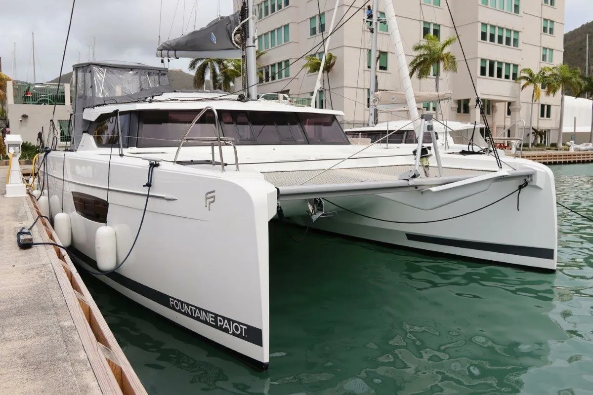 Exterior view of Penny Lane, a Fountaine Pajot Astrea 42 catamaran at Road Town, British Virgin Islands