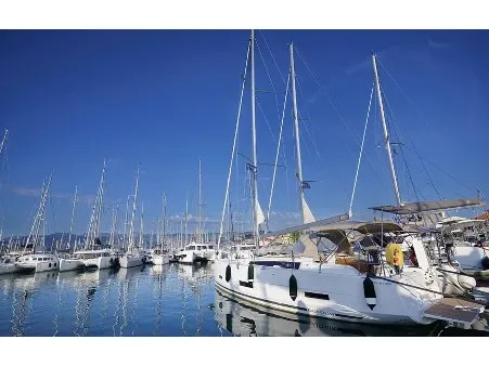 Exterior view of Why Not 14, a Dufour 390 sailboat at Municipal Unit of Lefkada, Greece