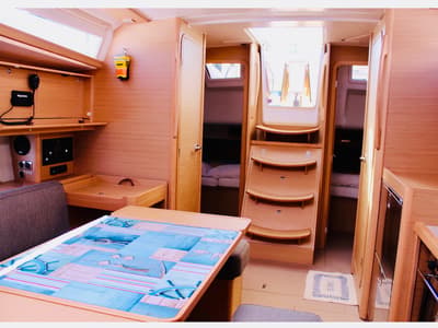 Salon of Why Not 14, a Dufour 390 sailboat at Municipal Unit of Lefkada, Greece