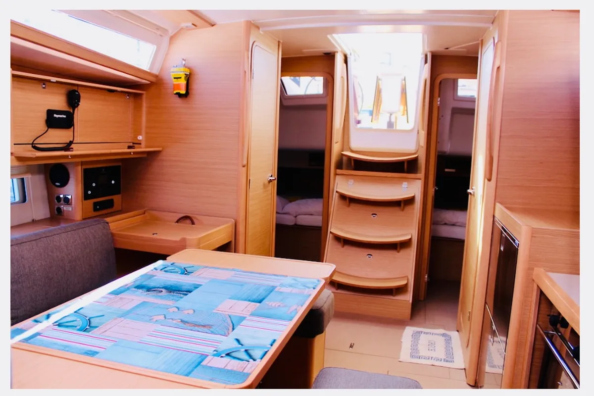 Salon of Why Not 14, a Dufour 390 sailboat at Municipal Unit of Lefkada, Greece
