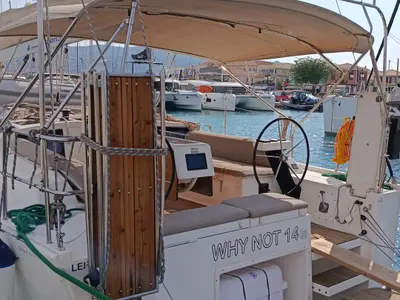 Cockpit of Why Not 14, a Dufour 390 sailboat at Municipal Unit of Lefkada, Greece