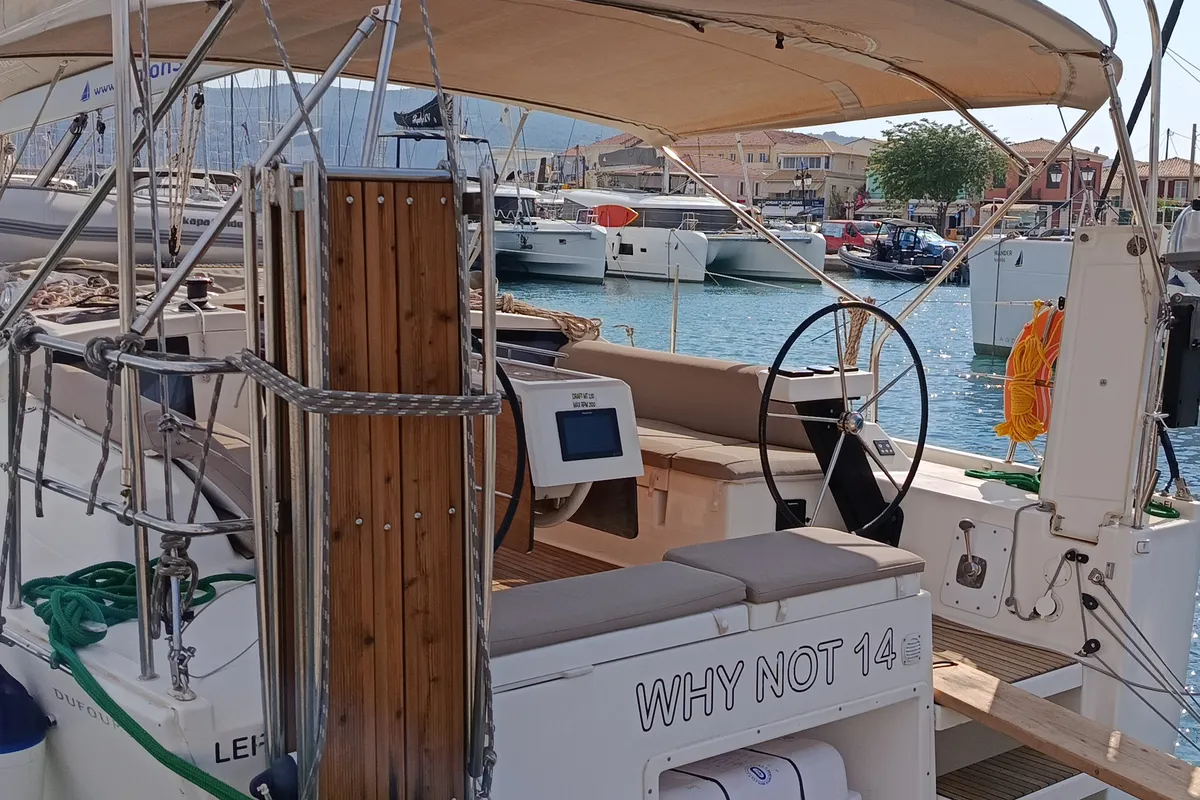 Cockpit of Why Not 14, a Dufour 390 sailboat at Municipal Unit of Lefkada, Greece