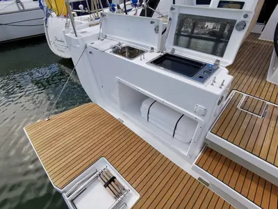 Deck of Why Not 14, a Dufour 390 sailboat at Municipal Unit of Lefkada, Greece