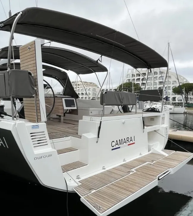 Exterior view of Comfort, a Dufour 470 sailboat at Grimaud, France