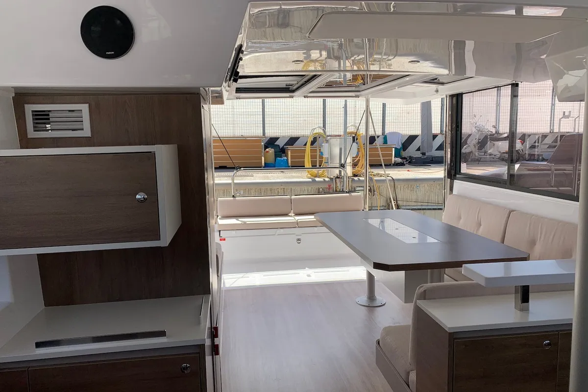 Salon of Kuma, a Bali Catspace catamaran at Salerno, Italy