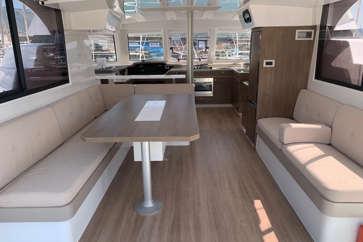 Salon of Kuma, a Bali Catspace catamaran at Salerno, Italy