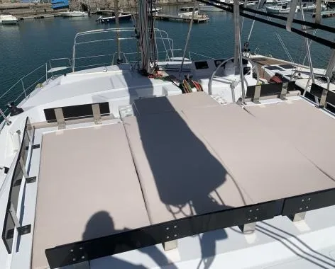 Cockpit of Kuma, a Bali Catspace catamaran at Salerno, Italy