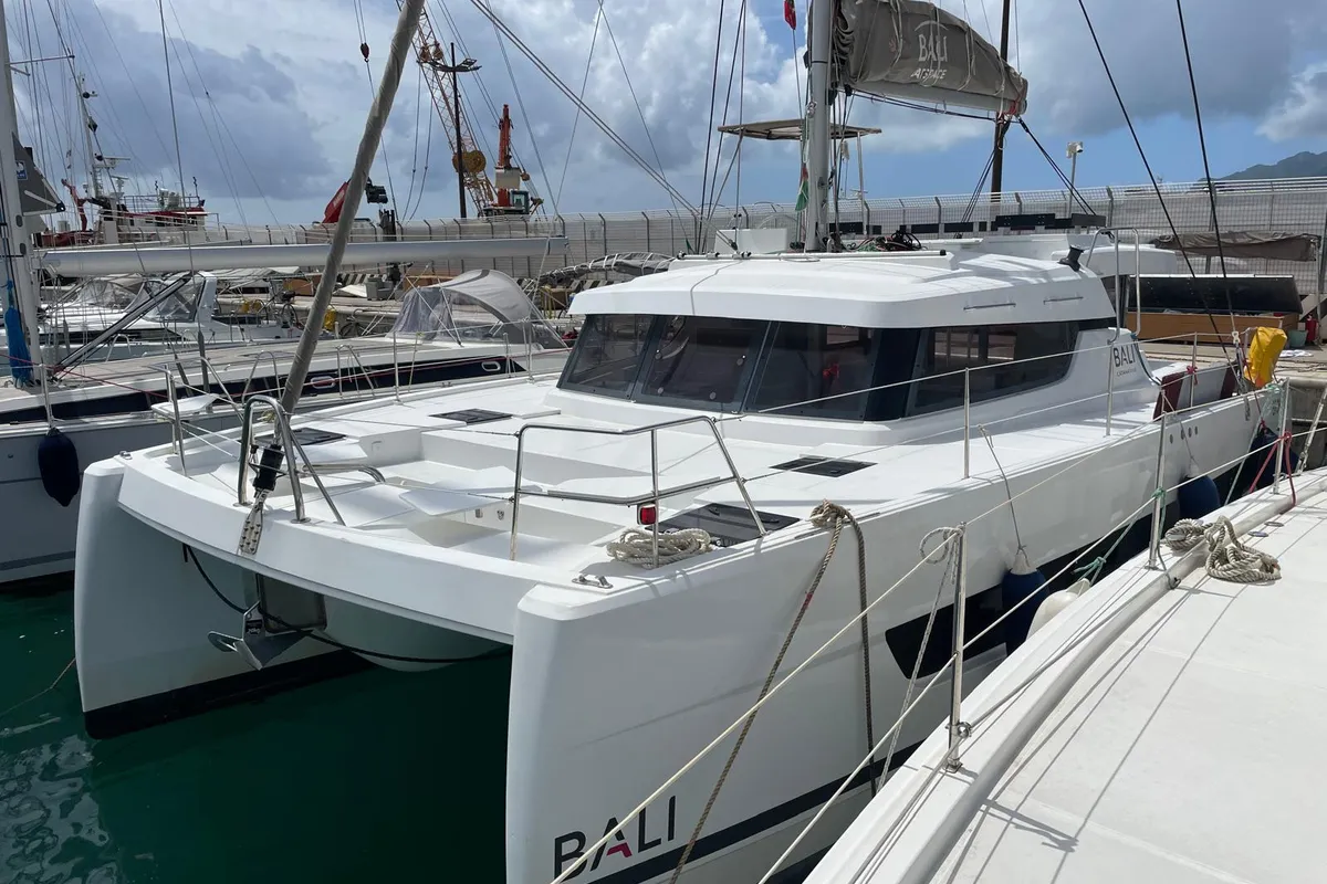 Deck of Kuma, a Bali Catspace catamaran at Salerno, Italy