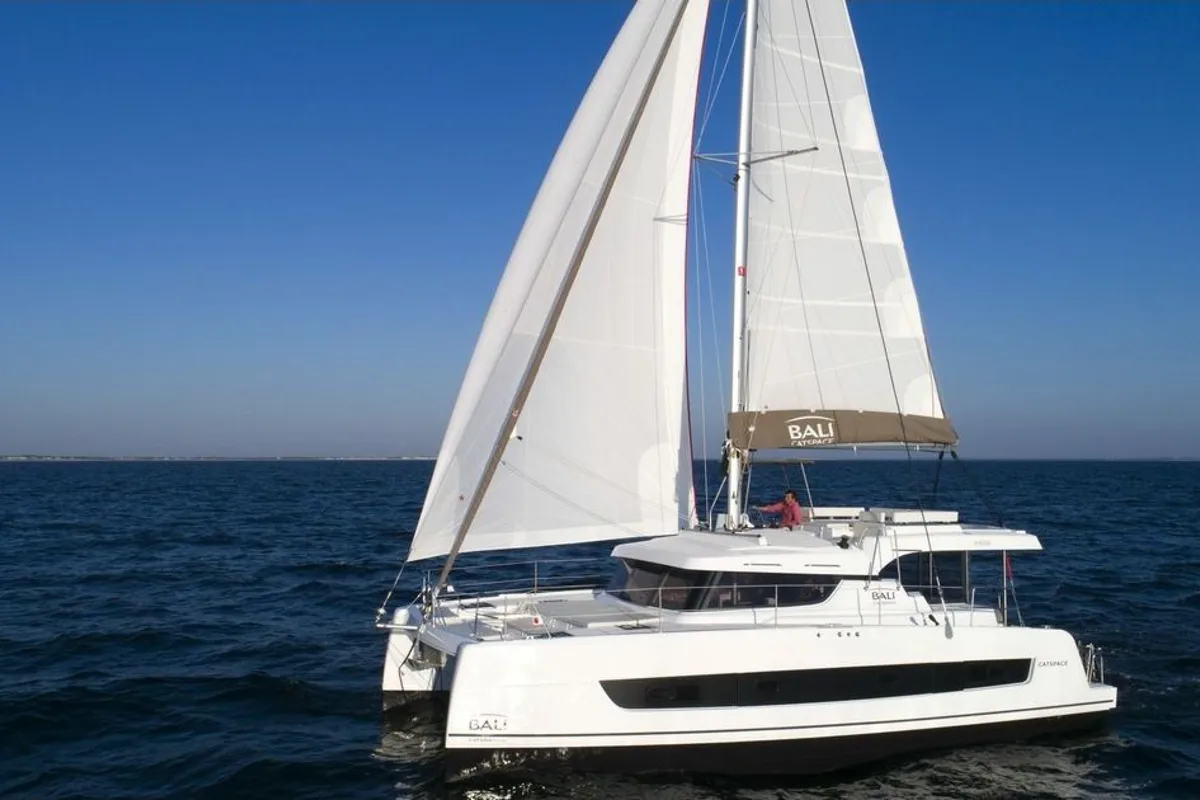 Exterior view of Kuma, a Bali Catspace catamaran at Salerno, Italy