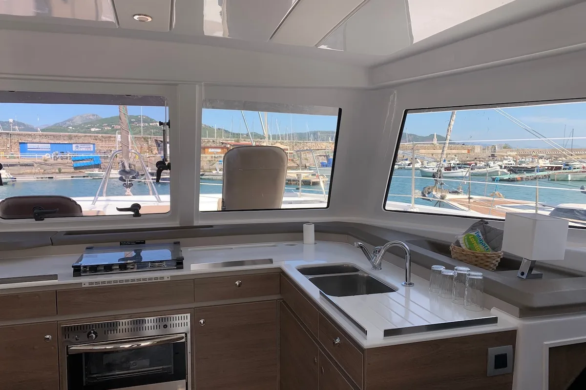 Deck of Kuma, a Bali Catspace catamaran at Salerno, Italy