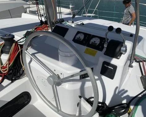 Deck of Kuma, a Bali Catspace catamaran at Salerno, Italy